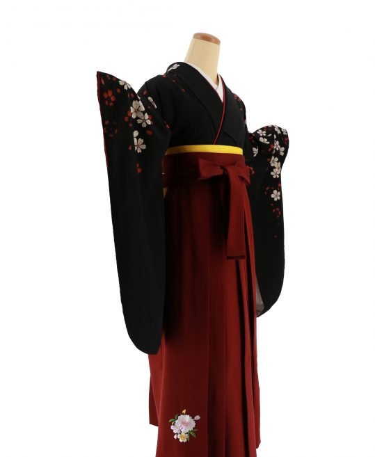 卒業式袴レンタルNo.496[2Lサイズ][KANSAI]黒・白エンジの桜｜着物